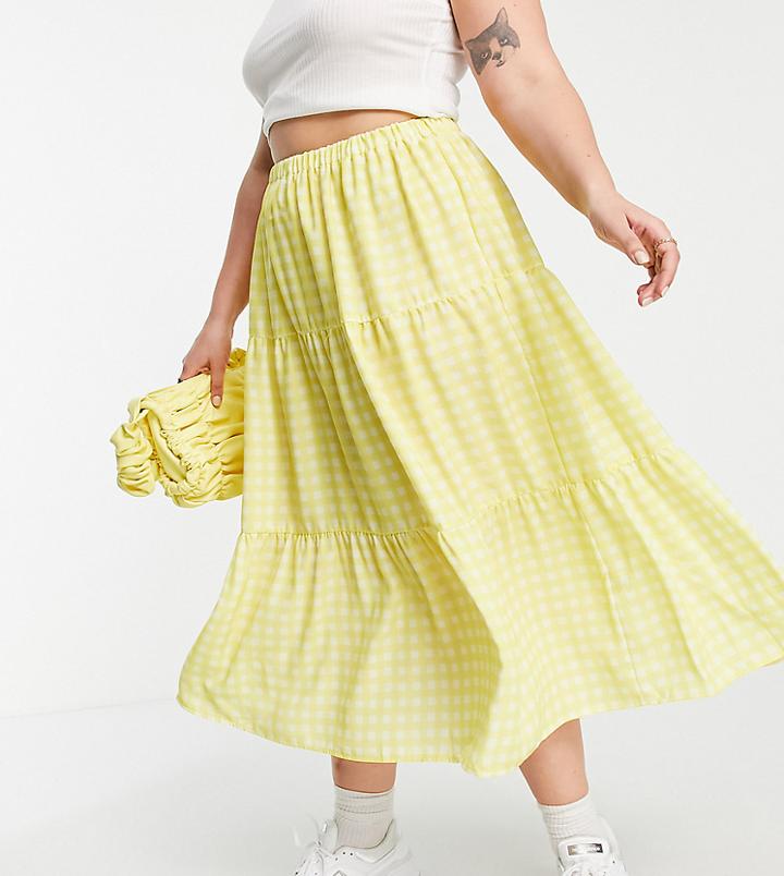 Twisted Wunder Plus Tiered Midi Skirt In Contrast Yellow Check-multi