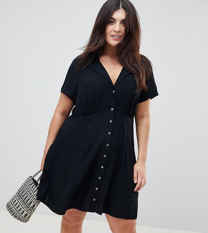 Asos Design Curve Button Through Mini Skater Dress - Black