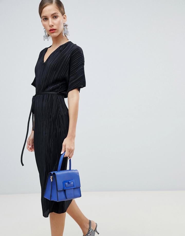 River Island Kimono Sleeve Plisse Dress In Black