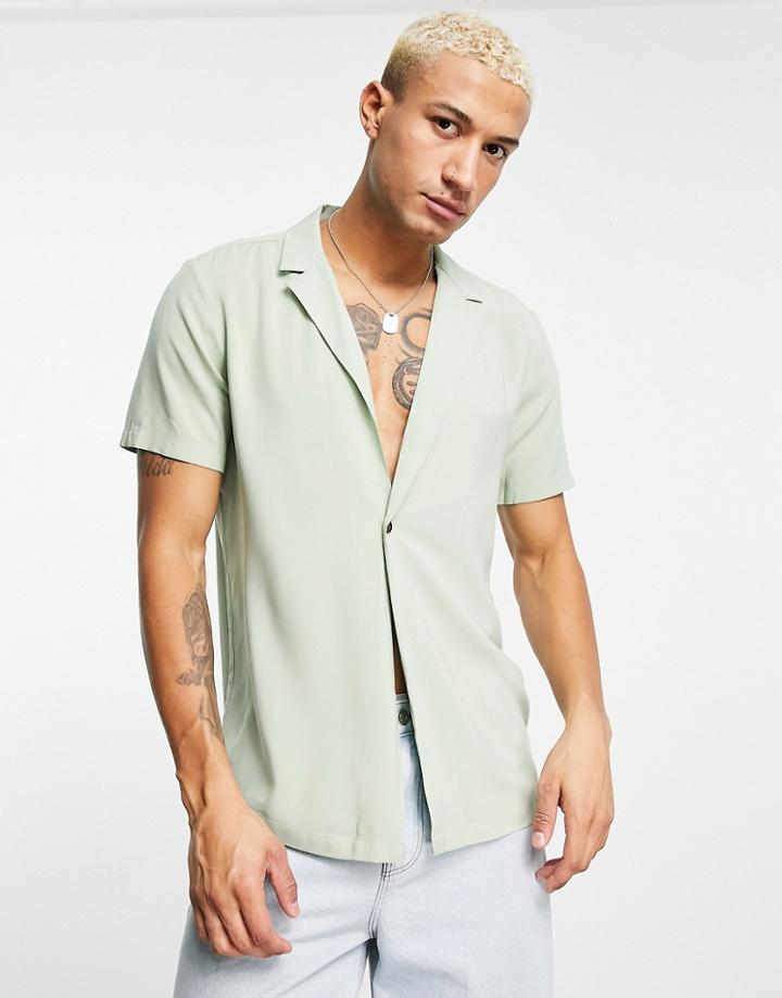 Asos Design Regular Viscose Shirt With Revere Collar In Sage Green