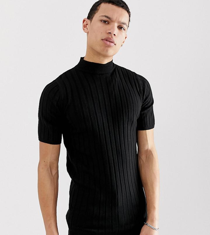 Asos Design Tall Knitted Ribbed Turtle T-shirt In Black - Black
