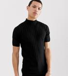 Asos Design Tall Knitted Ribbed Turtle T-shirt In Black - Black