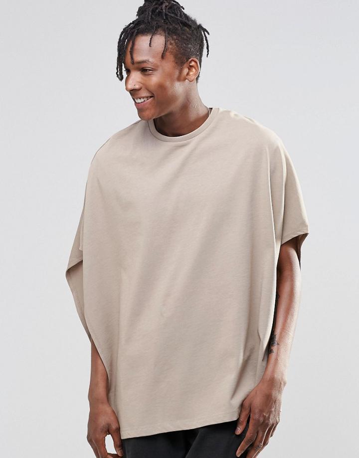 Asos Extreme Oversized Cape T-shirt In Heavyweight Fabric In Beige - Silver Mink