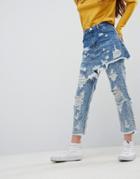 Asos Florence Authentic Striaght Leg Jeans With Rips And Skirt Overlay - Blue