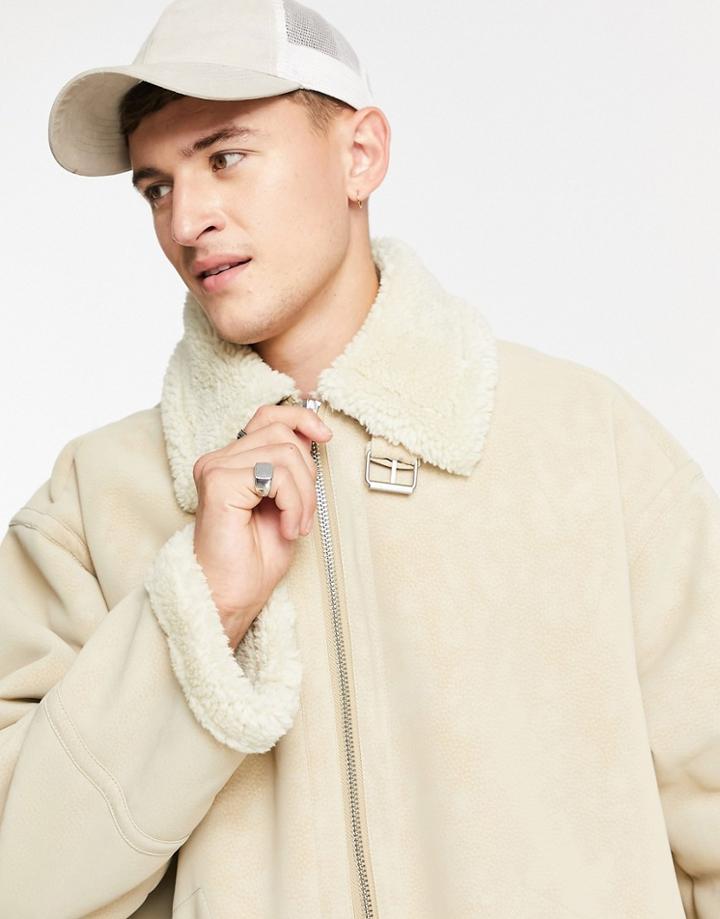Topman Faux Shearling Aviator Jacket In Stone-neutral