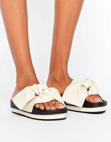 Sixtyseven White Bow Slide Flat Sandals - White