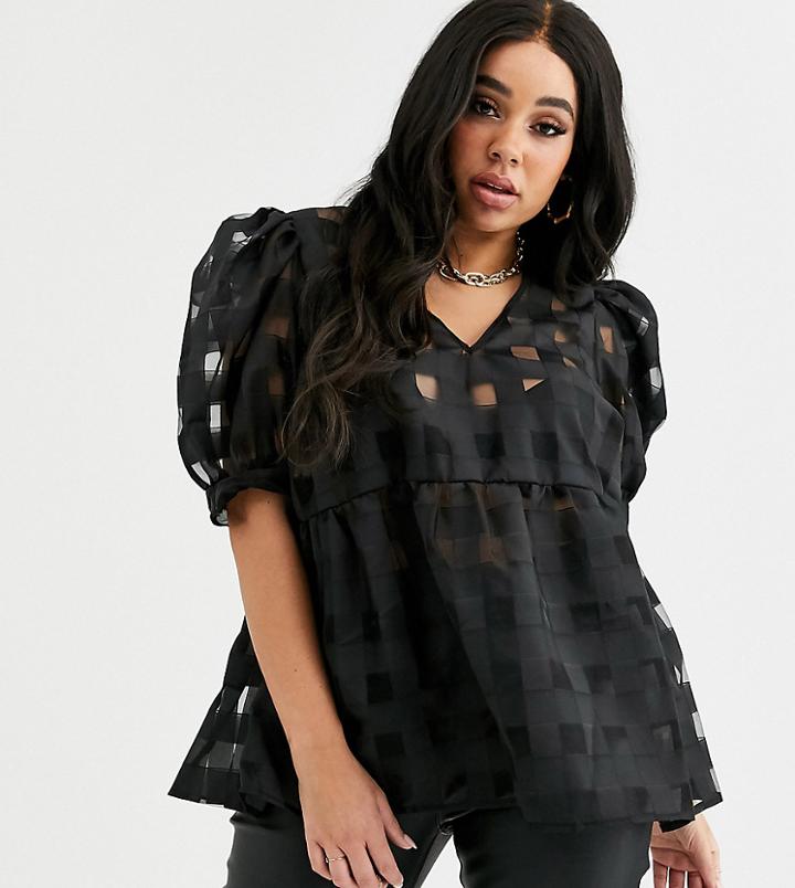 Asos Design Curve Short Sleeve Smock Top In Check Organza-black