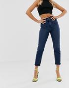 Asos Design Recycled Farleigh High Waisted Slim Mom Jeans In Dark Wash Blue With Front Patch Pocket Detail