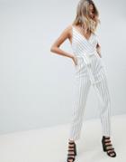 Asos Design Wrap Front Jumpsuit With Peg Leg And Self Belt In Stripe - Multi