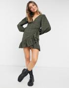 Asos Design Wrap Front Mini Dress With Pephem In Khaki Plaid-multi