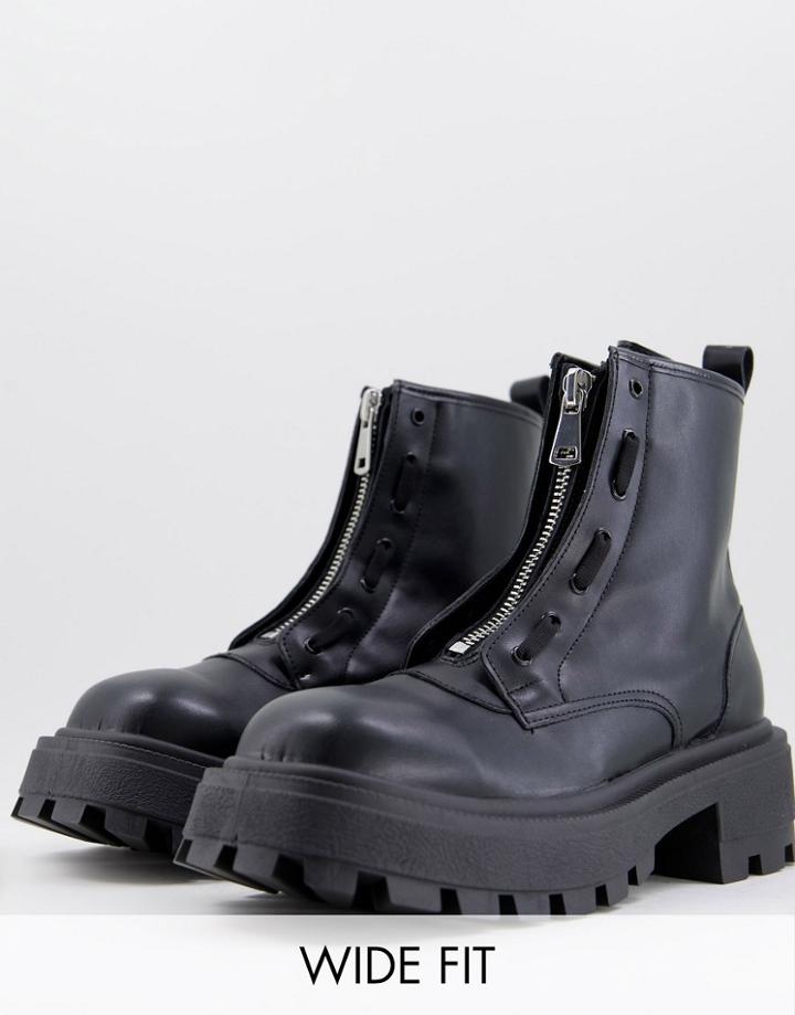 Asos Design Chunky Zip Front Boot With Contrat Stitching In Black Faux Leather