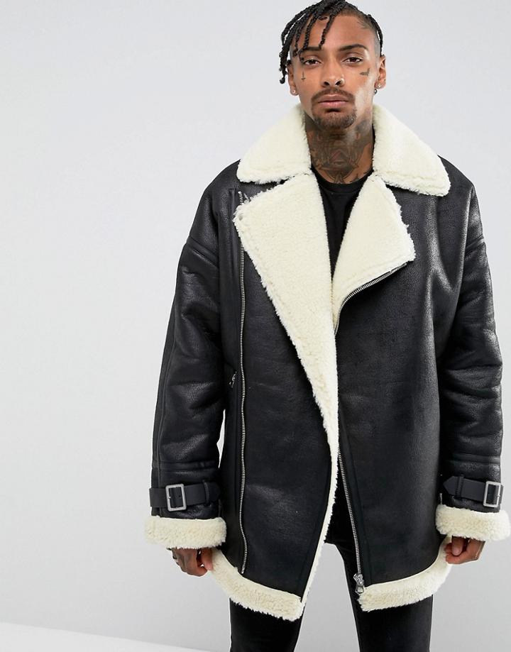 Asos Oversized Faux Shearling Biker Jacket In Black - Black