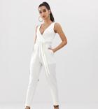 Outrageous Fortune Petite Tie Waist Jumpsuit In White - White