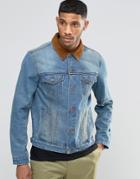 Asos Slim Fit Denim Jacket With Contrast Cord Collar In Blue - Blue