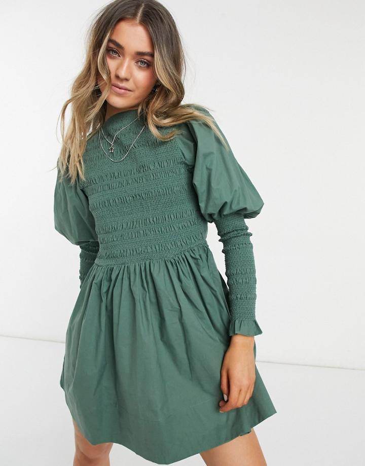 Asos Design Mini Skater Dress With Shirred Bodice And Cuffs In Khaki-green