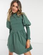 Asos Design Mini Skater Dress With Shirred Bodice And Cuffs In Khaki-green
