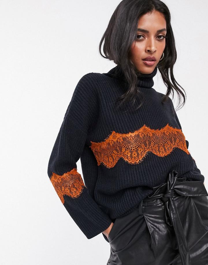 Lost Ink High Neck Sweater With Lace Inserts-navy