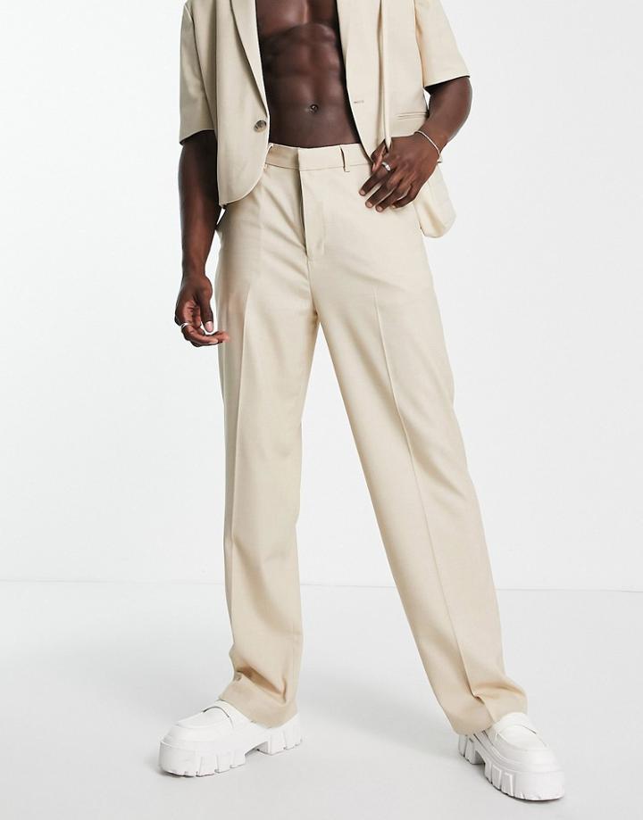 Asos Design Wide Leg Suit Pants In Ecru Microtexture-neutral