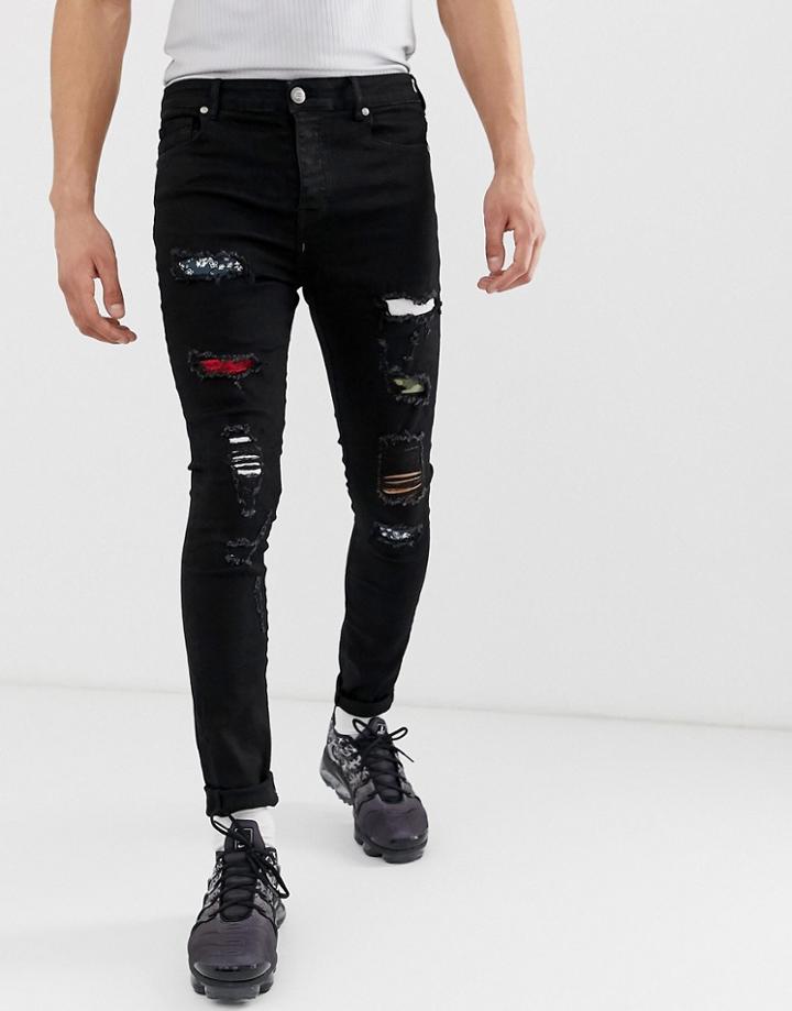 Sixth June Super Skinny Jeans In Black With Multi Print Distressing