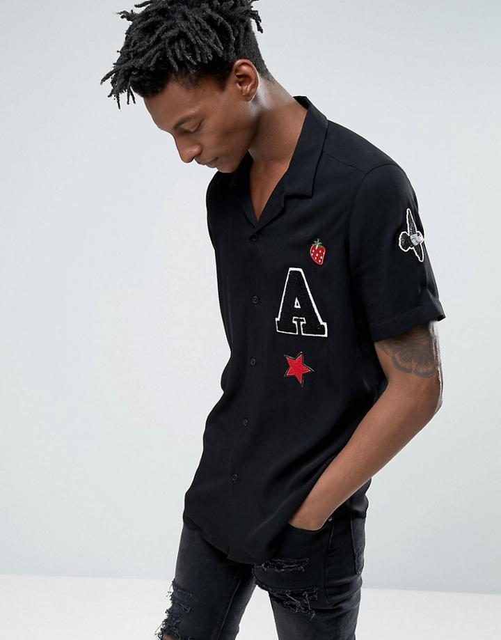 Asos Regular Fit Shirt With Revere Collar And Badging - Black