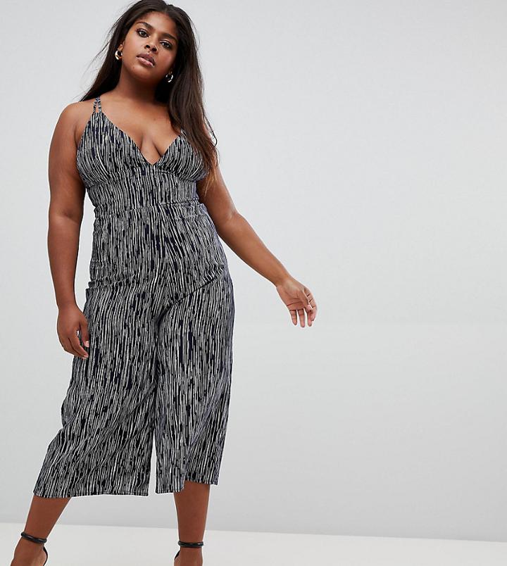 Club L Plus Striped Culotte Jumpsuit - Navy