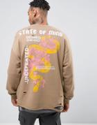 Asos Oversized Sweatshirt With Distressing & Back Print - Beige