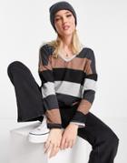 Jdy Tonsy Long Sleeve V -neck Jersey Top In Color Block Gray And Gold Stripe-multi