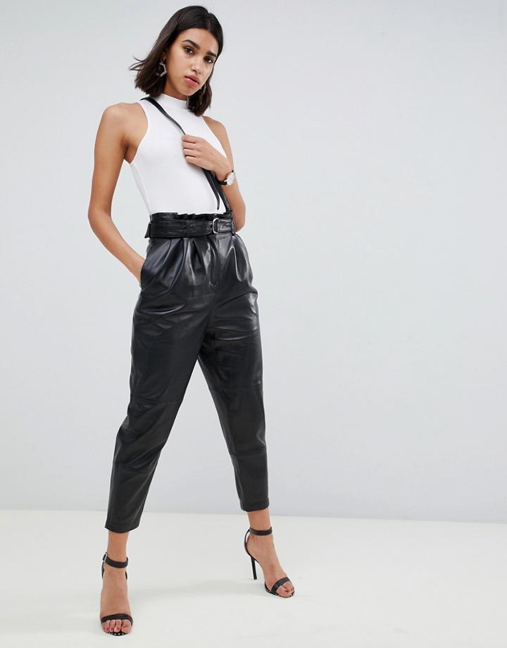 Asos Design Premium Leather Tie Waist Pants-black