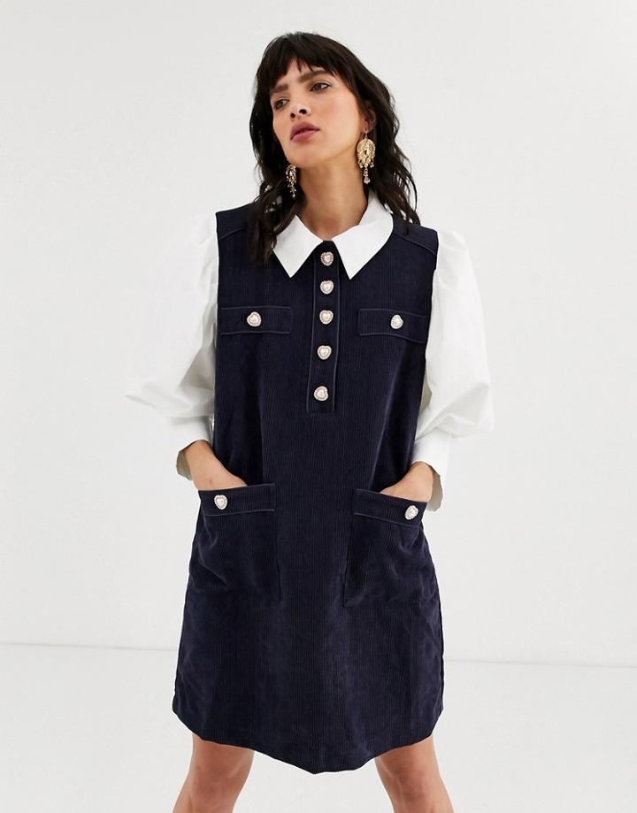 Sister Jane Pinafore Dress With Shirt Layer And Heart Buttons In Cord