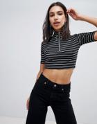Boohoo High Neck Striped Zip Down Crop Top - Black