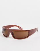 Asos Design Recycled Frame 90s Wrap Sunglasses In Tonal Brown