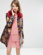 Asos Dolly Coat In Floral With Faux Fur Collar - Multi
