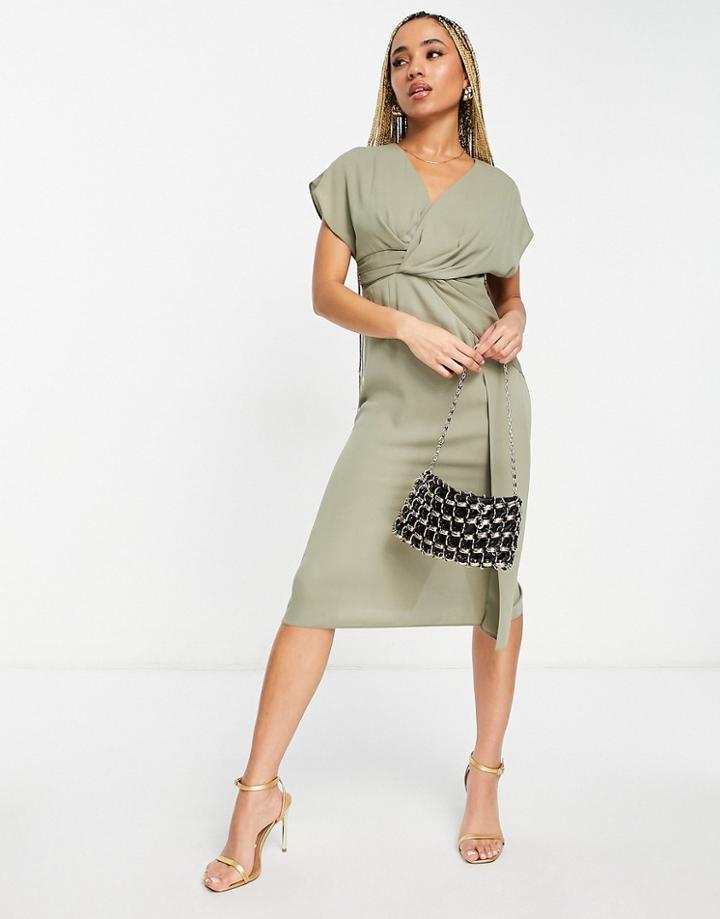 Asos Design Twist And Drape Front Midi Dress In Khaki-green