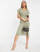 Asos Design Twist And Drape Front Midi Dress In Khaki-green