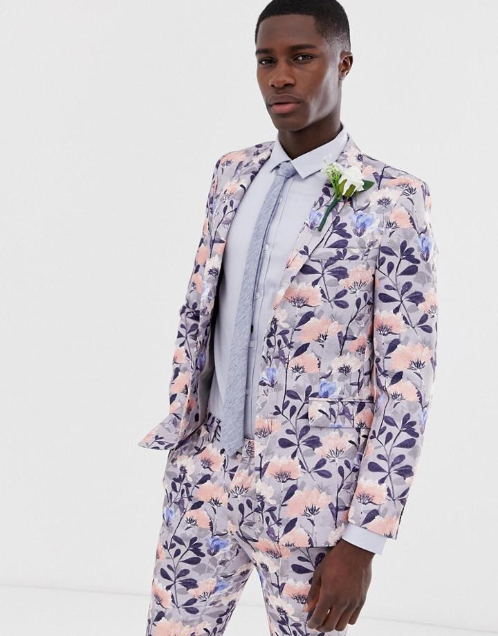 Burton Menswear Wedding Skinny Suit Jacket In Blue Floral Print - Blue