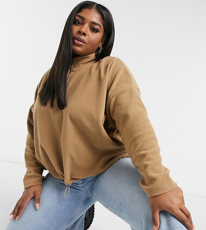 Noisy May Curve Fleece With Half Zip In Tan-brown