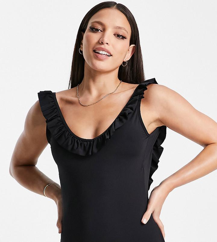 Vero Moda Tall V Neck Ruffle Swimsuit In Black