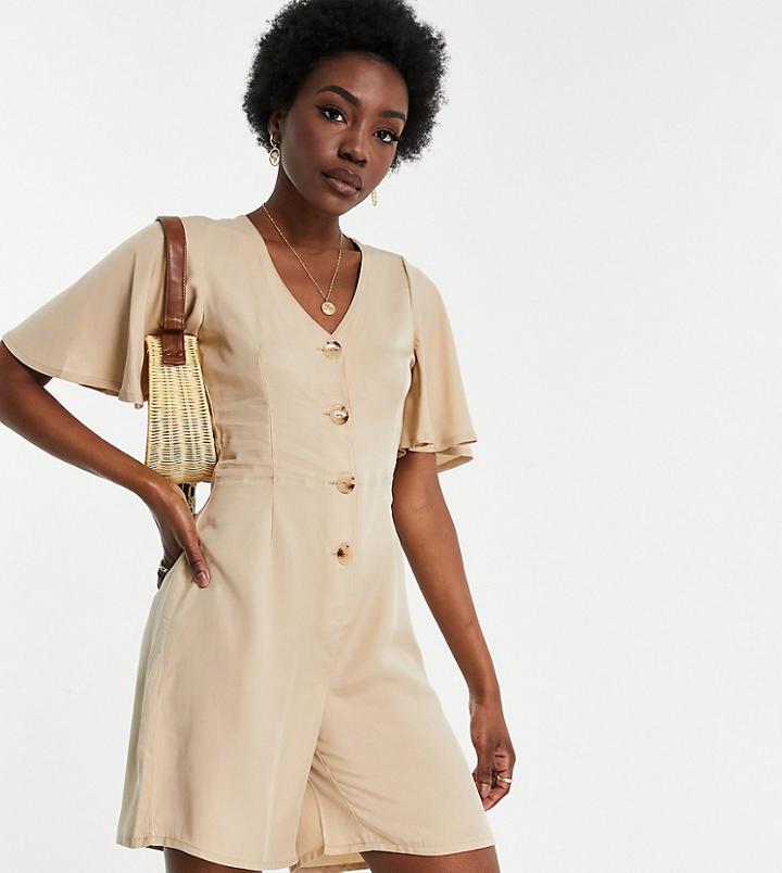 Vero Moda Tall Romper With Flutter Sleeves In Beige-neutral