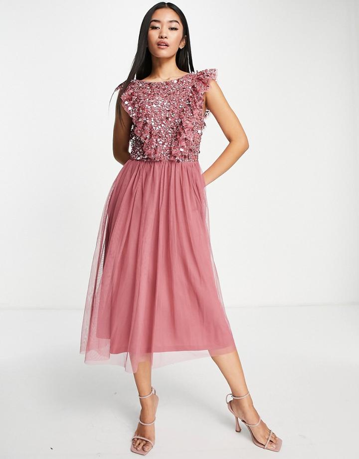Maya Bridesmaid Embellished Open Back Midi Dress In Desert Rose-pink