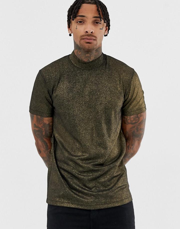 Asos Design T-shirt With Turtleneck In Gold Metallic Rib Fabric - Gold