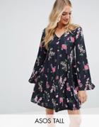 Asos Tall Button Through Swing Dress With Trumpet Sleeve In Floral Print - Multi