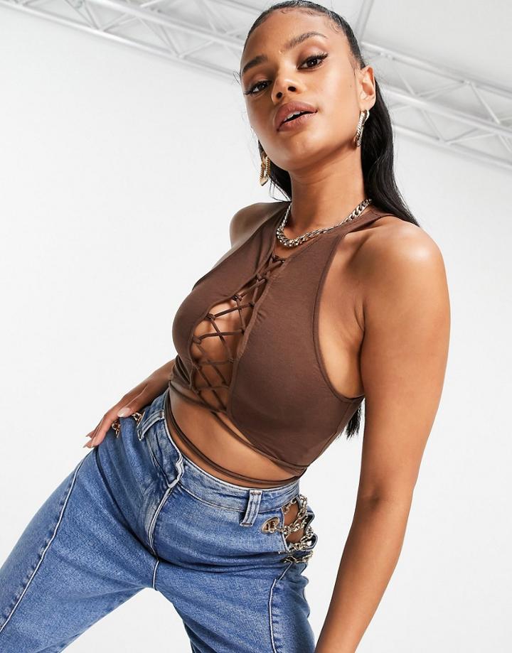 Motel High Neck Lattice Front Wrap Crop Top Set-brown