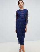 Little Mistress Sheer Mid Length Sleeve Embroidered Mesh Pencil Dress With Scallop Edging Ves. - Navy