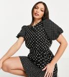 Influence Tall Tie Waist Mini Dress In Polka Dot-black