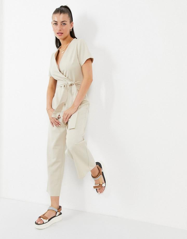 Asos Design Wrap Front Jumpsuit In Stone-neutral