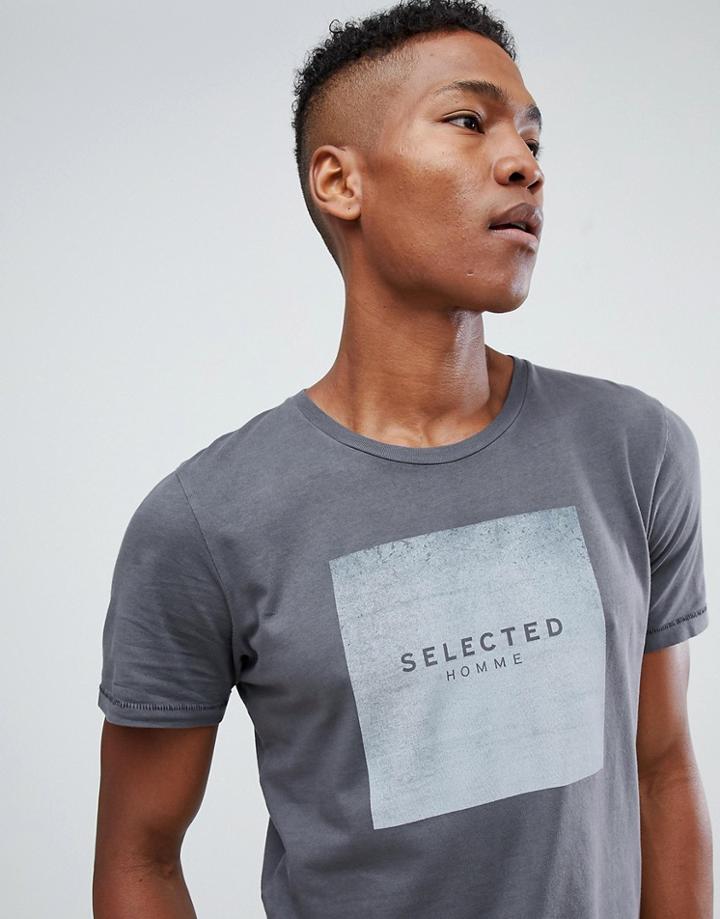 Selected Homme T-shirt With Brand Graphic - Gray
