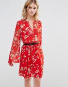 Style London Skater Dress With Fluted Sleeves - Red