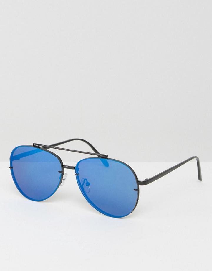 Asos Aviator Metal Sunglasses In Black With Blue Flash Lens - Black