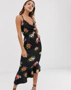 Asos Design Scuba Cami Pephem Midi Dress In Floral Print - Multi