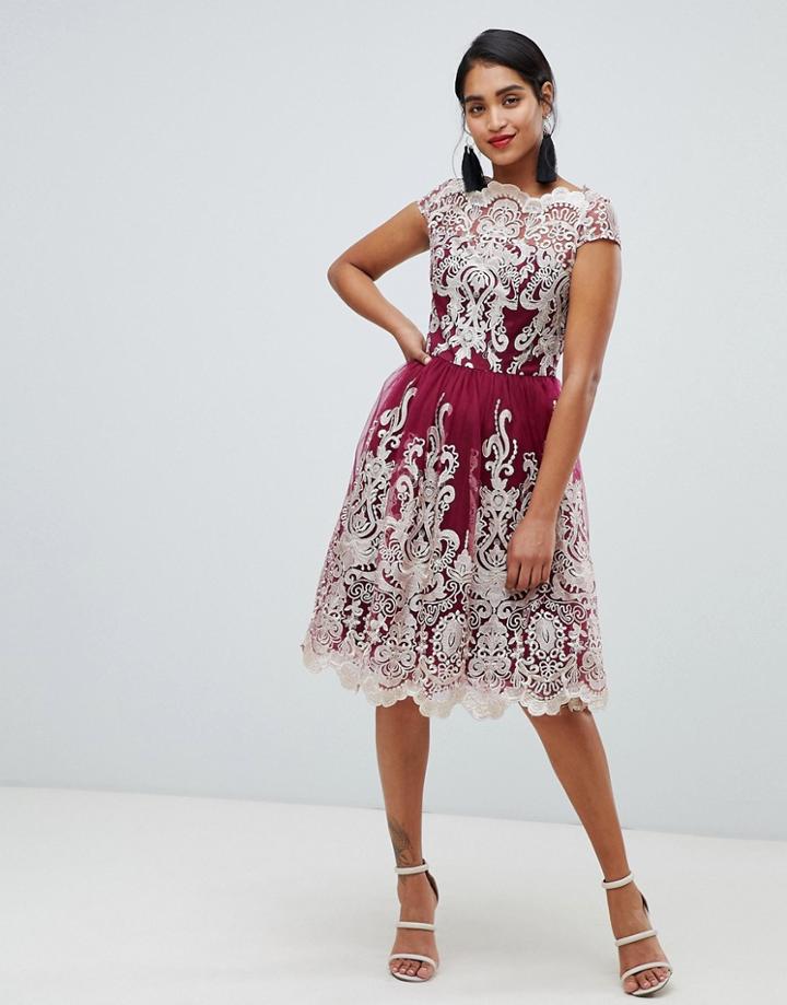 Chi Chi London Premium Metallic Lace Midi Prom Dress In Berry - Red